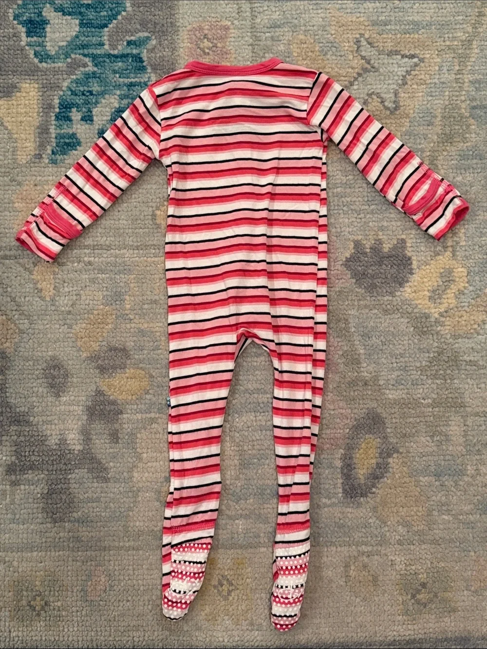 Kickee Pants Pink, White & Black Striped Footed Bamboo One-Piece